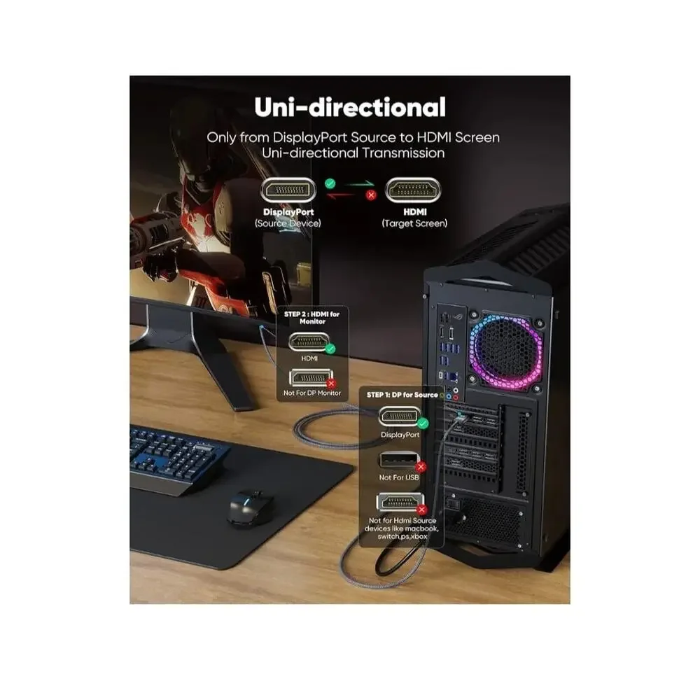 4K‎ DisplayPort to HDMI, 6.6ft Uni-Directional 1.4 Cable 4K@30Hz, 2K@60Hz